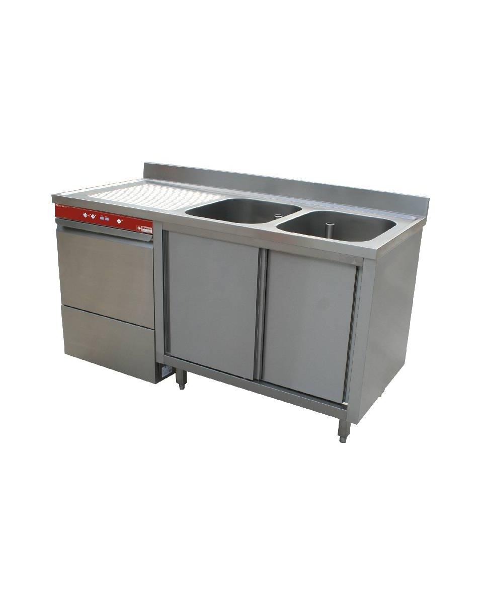 Gastro-Geschirrspüler und Spüle mit Schiebetüren - Waschbecken rechts - 50 x 50 Korb - L1621VS-AS + 051D / 6M - Diamond