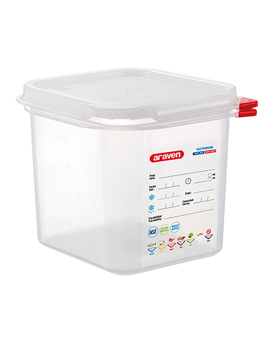 Lebensmittelbox - 1/6 GN - 2,6 Liter - H 15 x 17,6 x 16,2 CM - Polypropylen - Transparent - -40°C / +95°C - Luftdicht verschließbar - Araven - 962362