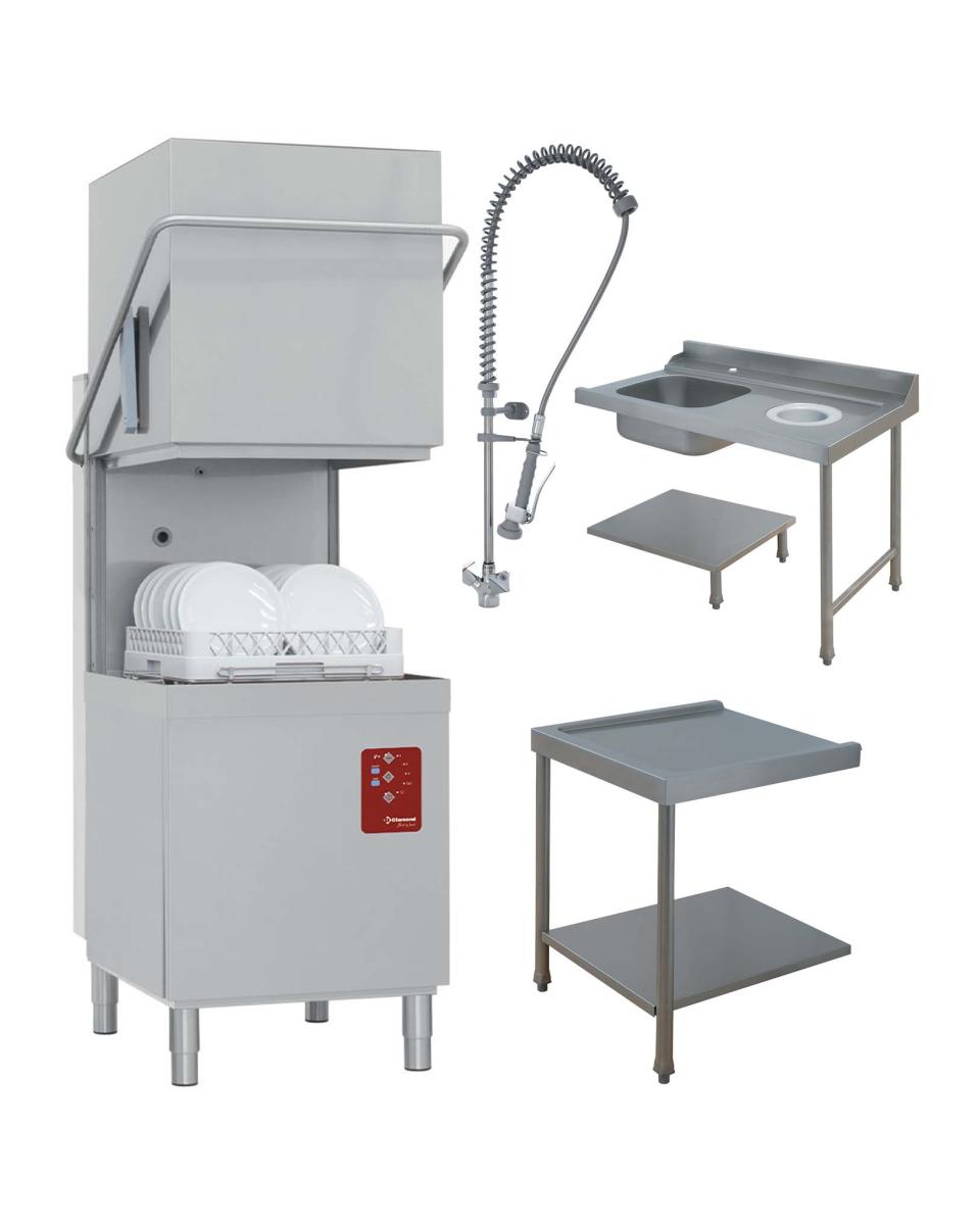 Haubenspülmaschine mit Vorwaschbecken, Handbrause und Mülleimer rechts - Korb 50x50 cm - Full Hygiene - DCS9 / 6 / CD - Diamond