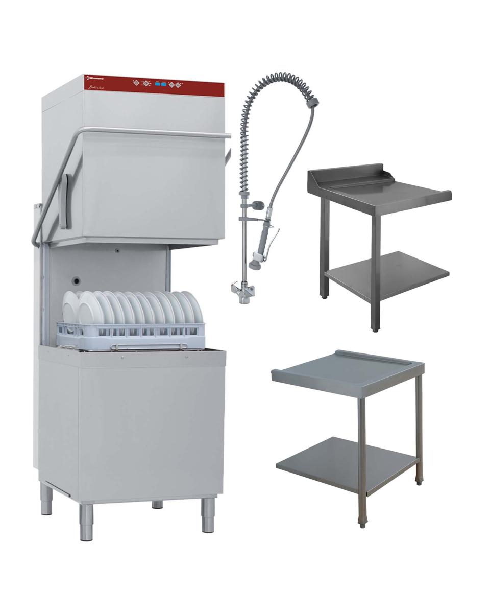 Haubenspülmaschine mit Vorwaschbecken und Handbrause rechts - durchgehendem Enthärter - Korb 60x50 cm - DCR37 / 6-AC / BD - Diamond