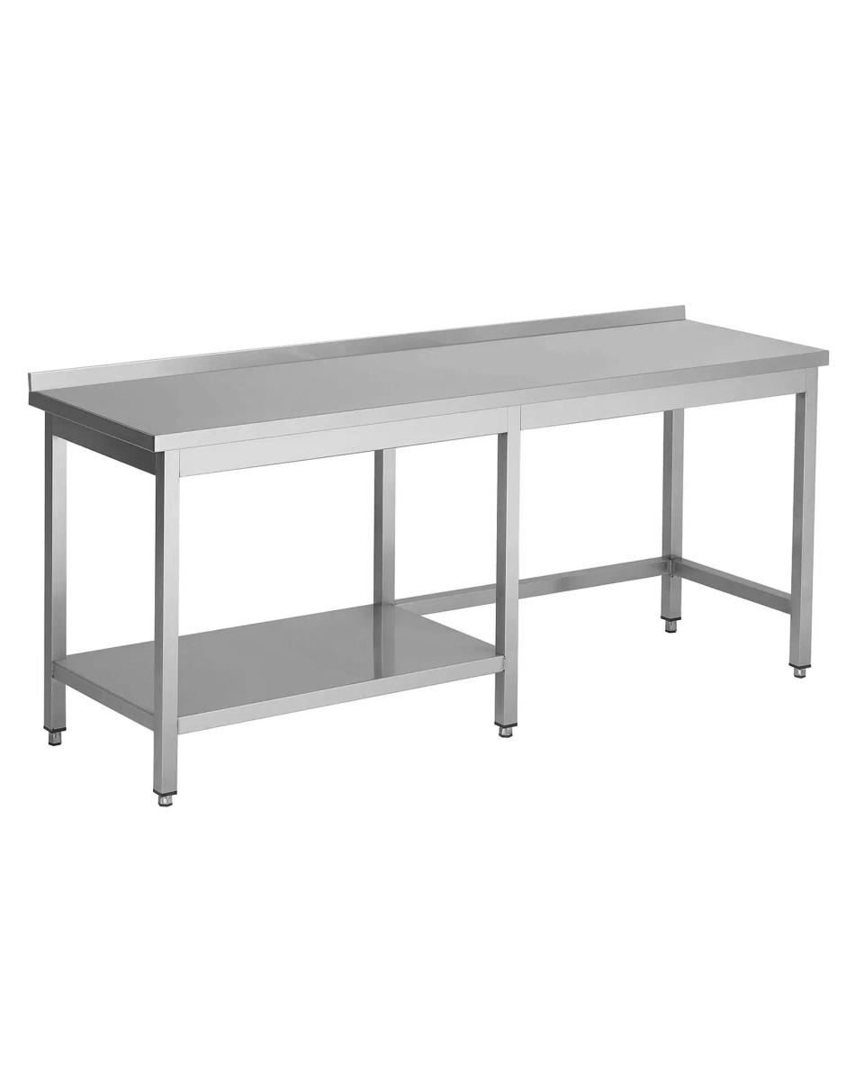 Arbeitstisch aus Edelstahl – halbes unteres Regal links – erhöhte Kante flach 4 cm – G-Line