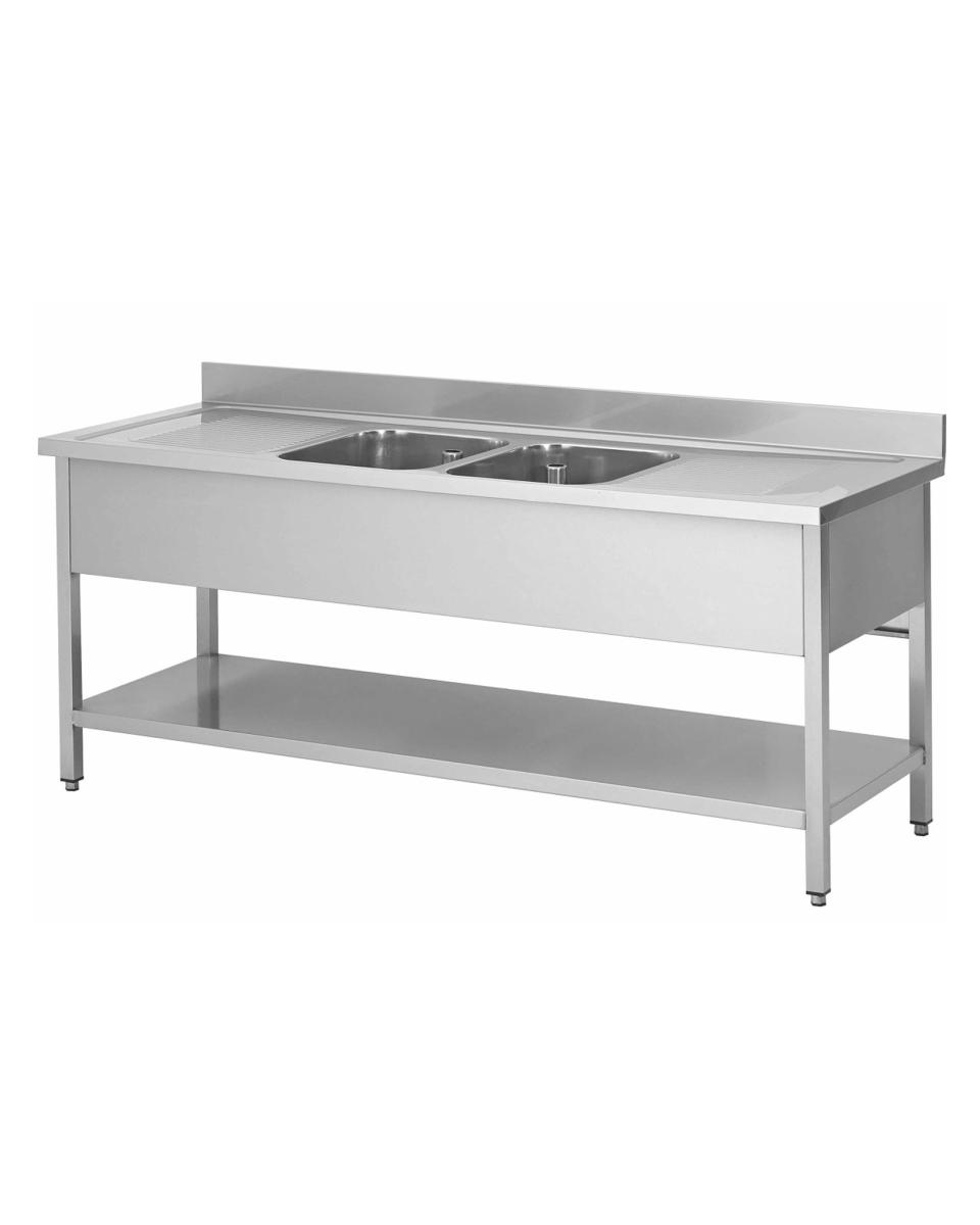 Edelstahl-Catering-Spültisch - 2 Tabletts in der Mitte - mit Bodenhalterung - zerlegbar - G-Line
