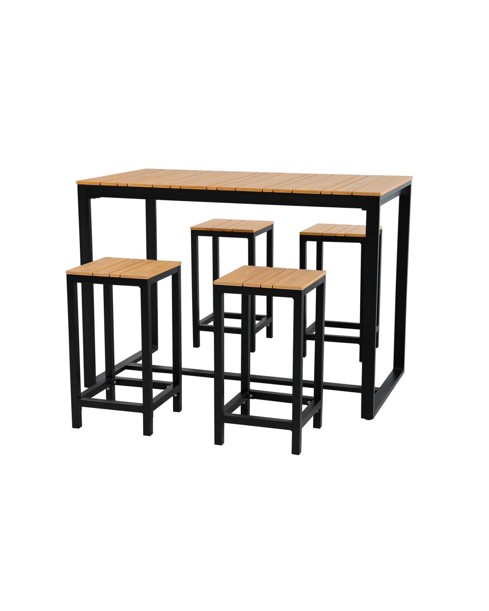 Terrassenbar-Set – Hoch – Aluminiumrahmen Anthrazit – Tischplatte aus Polywood – 130 x 70 x H 110/80 CM – Inklusive 4 Barhocker – G-Line
