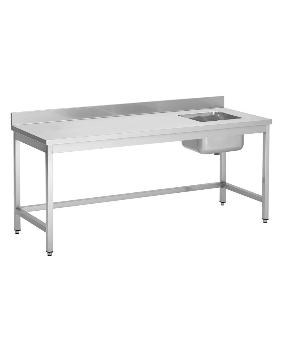 RVS cheftafel - Spoelbak rechts - 70 CM diep - Zonder onderschap - Opstaande rand blok 5 x 2 CM - Gastro